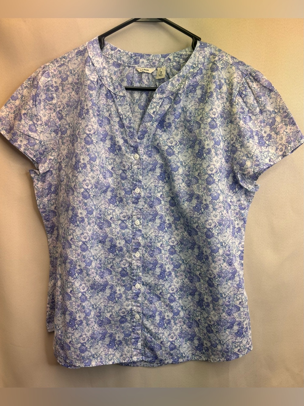 LL BEAN Floral Print 100% Cotton Top Capped Sleeves Size Medium
